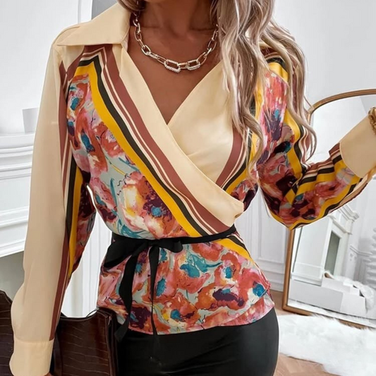 Floral Wrap Blouse with Striped Detail